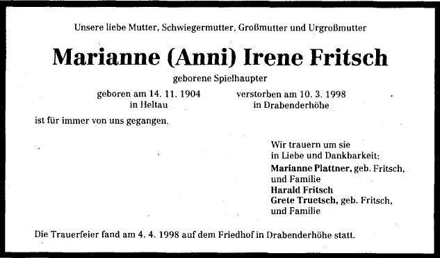 Spielhaupter Marianne Irene 1904-1998 Todesanzeige